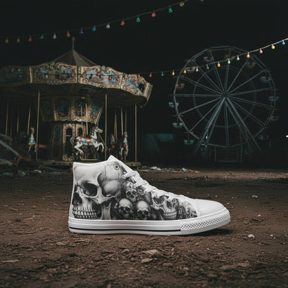 Women's Monochrome Dark Art Skull Gothic high-top canvas shoes, custom full-wrap printed design — Freaky Shoes