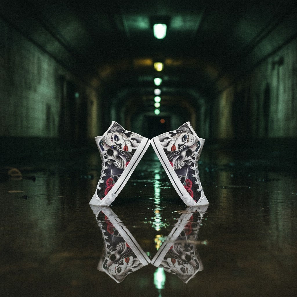 Freaky Shoes® men's high-top canvas shoes featuring a black and white skull and rose print in a dark tunnel setting.