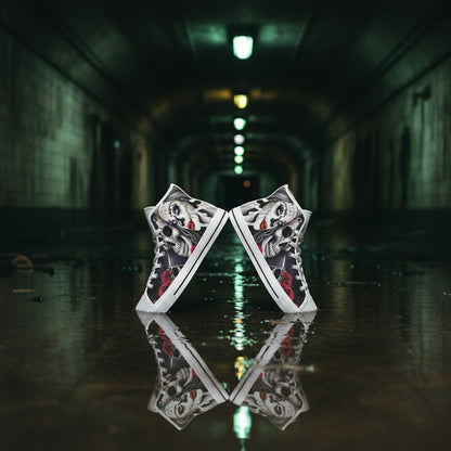 Freaky Shoes® men's high-top canvas shoes featuring a black and white skull and rose print in a dark tunnel setting.