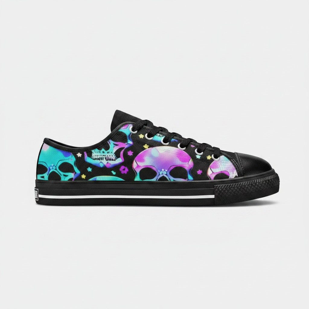 Freaky Shoes® men's low-top canvas sneakers featuring a vibrant, multicolored skull pattern on a black background.