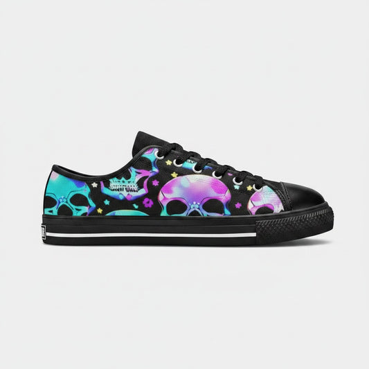 Freaky Shoes® men's low-top canvas sneakers featuring a vibrant, multicolored skull pattern on a black background.