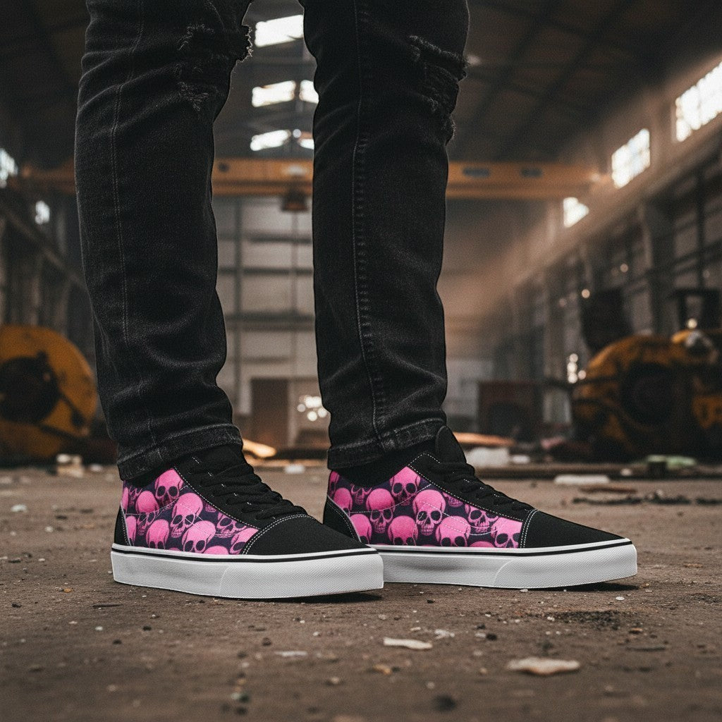 Freaky Shoes® women's low-top canvas skate shoes featuring a pink and black skull comix print in an industrial setting.