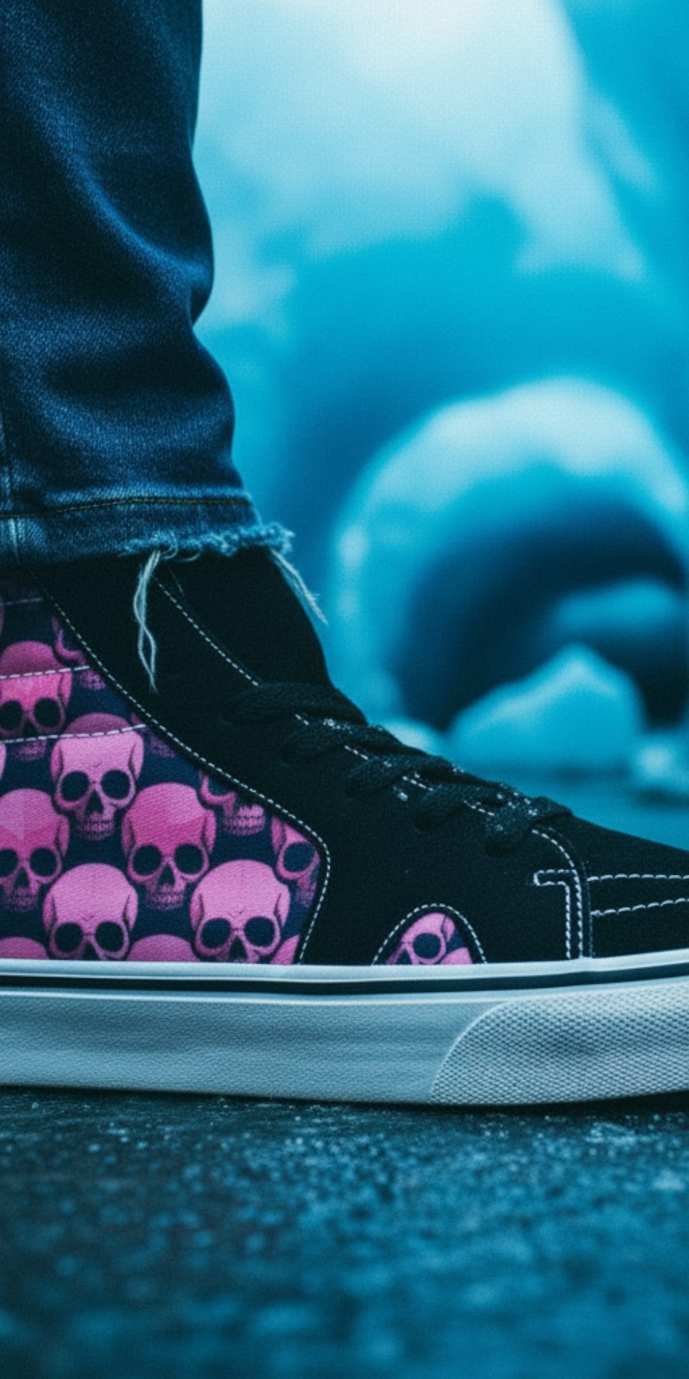 Freaky Shoes® women's high top skate sneakers featuring a black and pink underground comic skull print pattern.