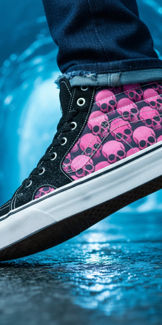Freaky Shoes® women's high top skate sneakers featuring a black and pink underground skull comix pattern.
