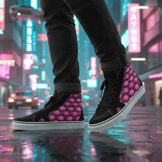 Freaky Shoes® women's high-top canvas skate shoes featuring a black and pink skull comix art pattern on city streets.