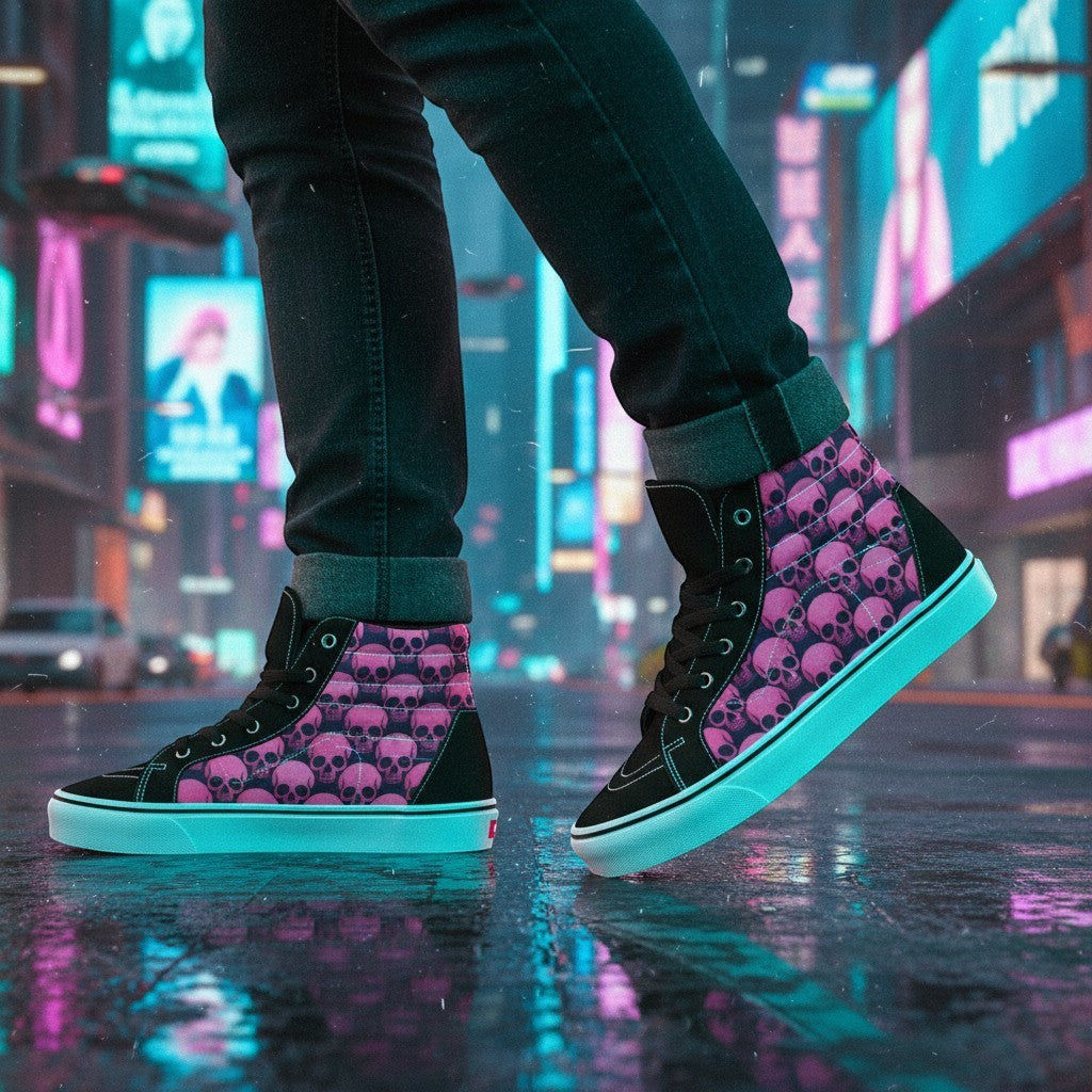 Freaky Shoes® women's high-top canvas skate shoes featuring a black and pink underground skull comix art pattern.