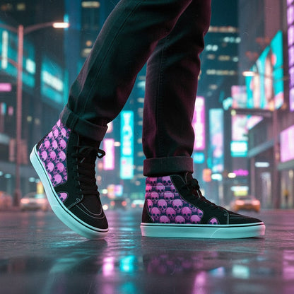 Freaky Shoes® women's high-top canvas skate shoes featuring a black and pink underground skull comix art pattern.