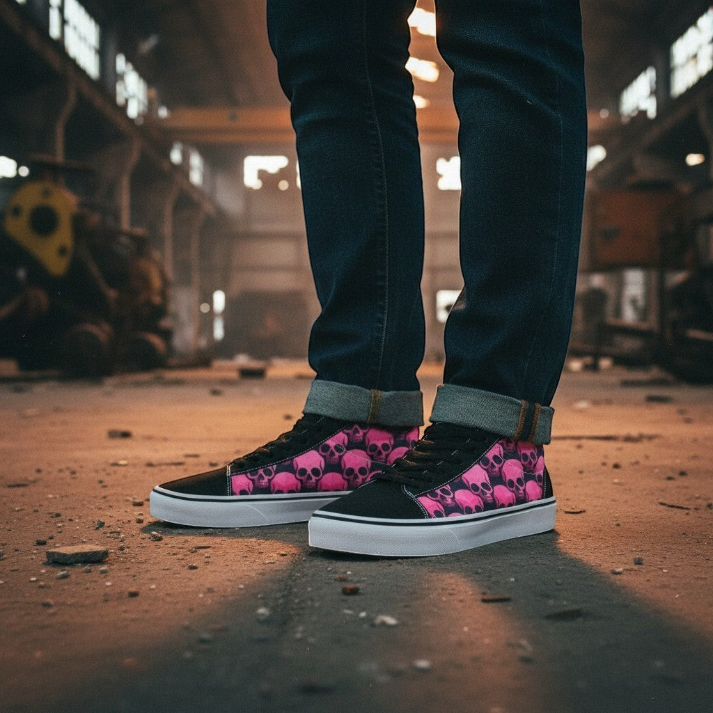 Freaky Shoes® women's low-top canvas skate shoes featuring a black and pink skull comix print in an industrial setting