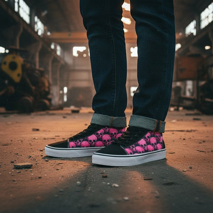 Freaky Shoes® women's low-top canvas skate shoes featuring a black and pink skull comix print in an industrial setting
