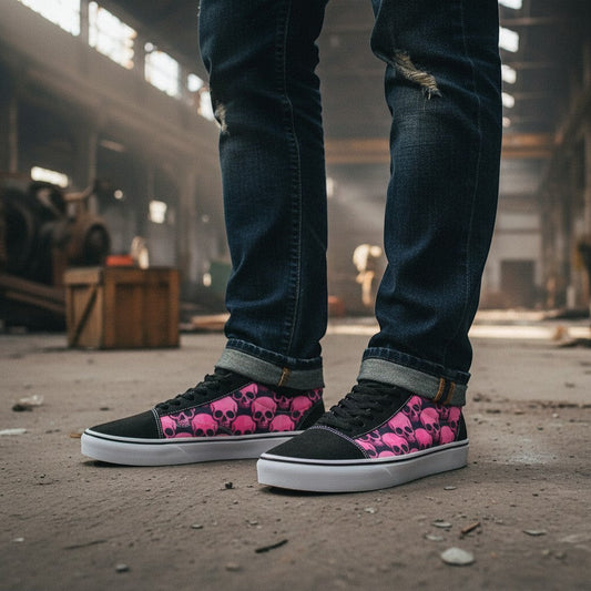 Freaky Shoes® women's low-top canvas skate shoes featuring a pink and black skull comix print in an industrial setting
