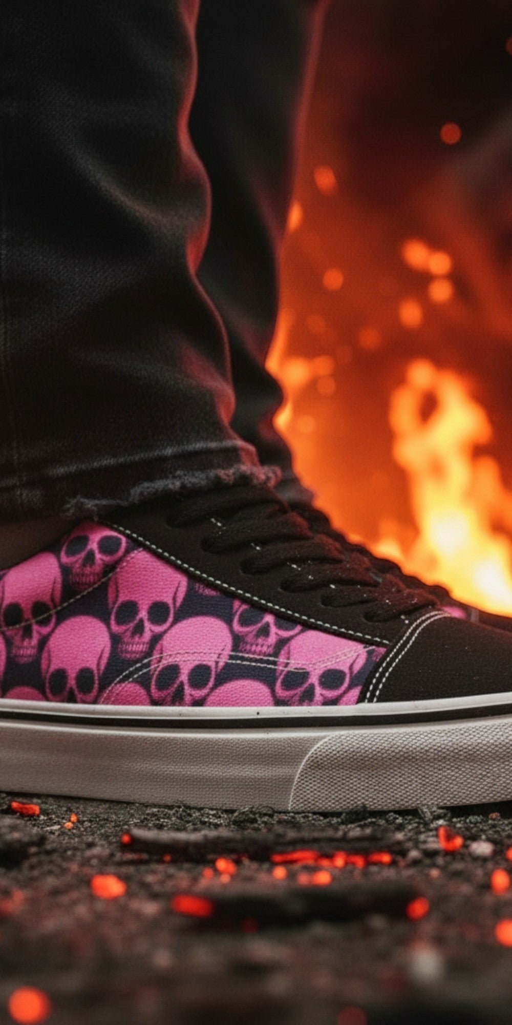 Freaky Shoes® women's low top skate sneakers featuring a pink and black skull comic print against a fiery background.