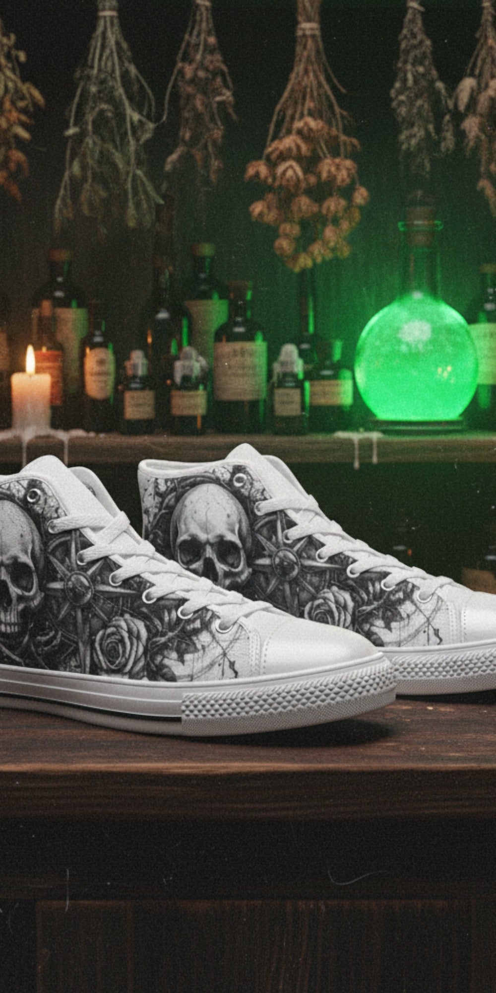 Women's Skull & Crown Gothic Dark Art high-top canvas shoes, custom full-wrap printed design — Freaky Shoes