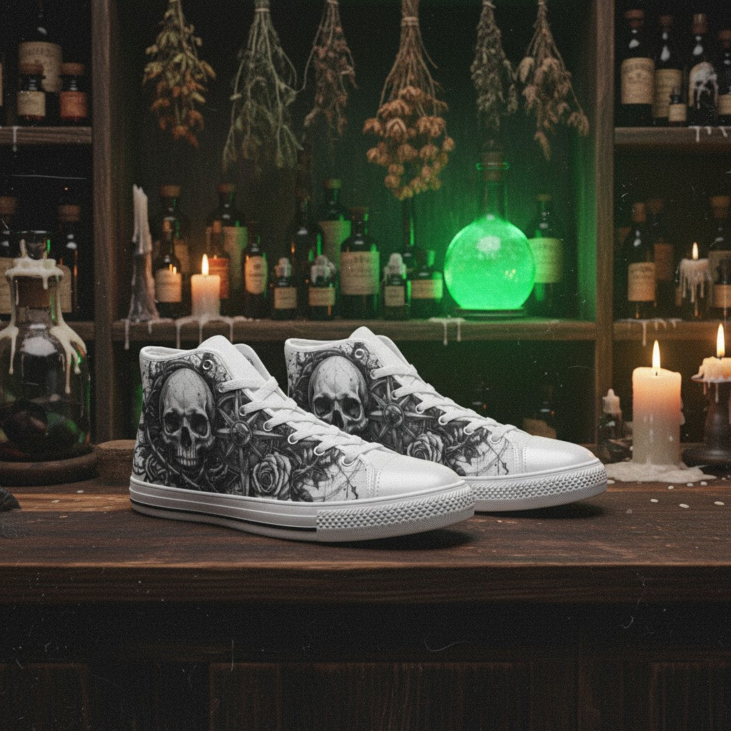 Women's Skull & Crown Gothic Dark Art custom high-top canvas shoes — wearable art by Freaky Shoes