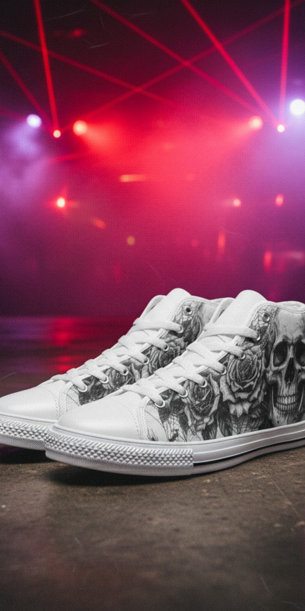 Women's Grey Dark Art Skull Goth hand-made high-top canvas shoes — unique wearable art by Freaky Shoes