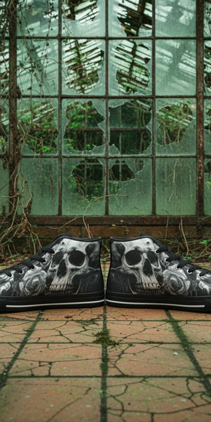 Women's Skull Goth Dark Art high-top canvas shoes, custom full-wrap printed design — Freaky Shoes