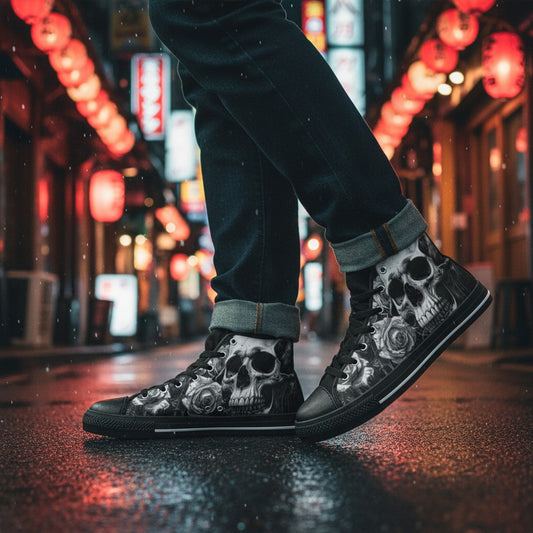 Freaky Shoes® women's high-top canvas sneakers featuring a black and white gothic skull and rose art print.
