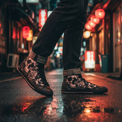Freaky Shoes® high-top canvas sneakers featuring a dark gothic skull and rose art print on a wet city street