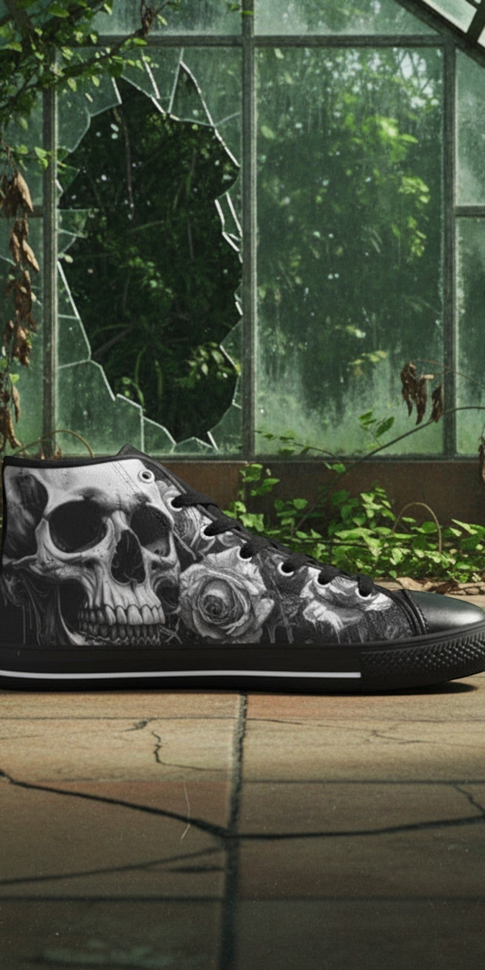 Women's Skull Goth Dark Art hand-made high-top canvas shoes — unique wearable art by Freaky Shoes