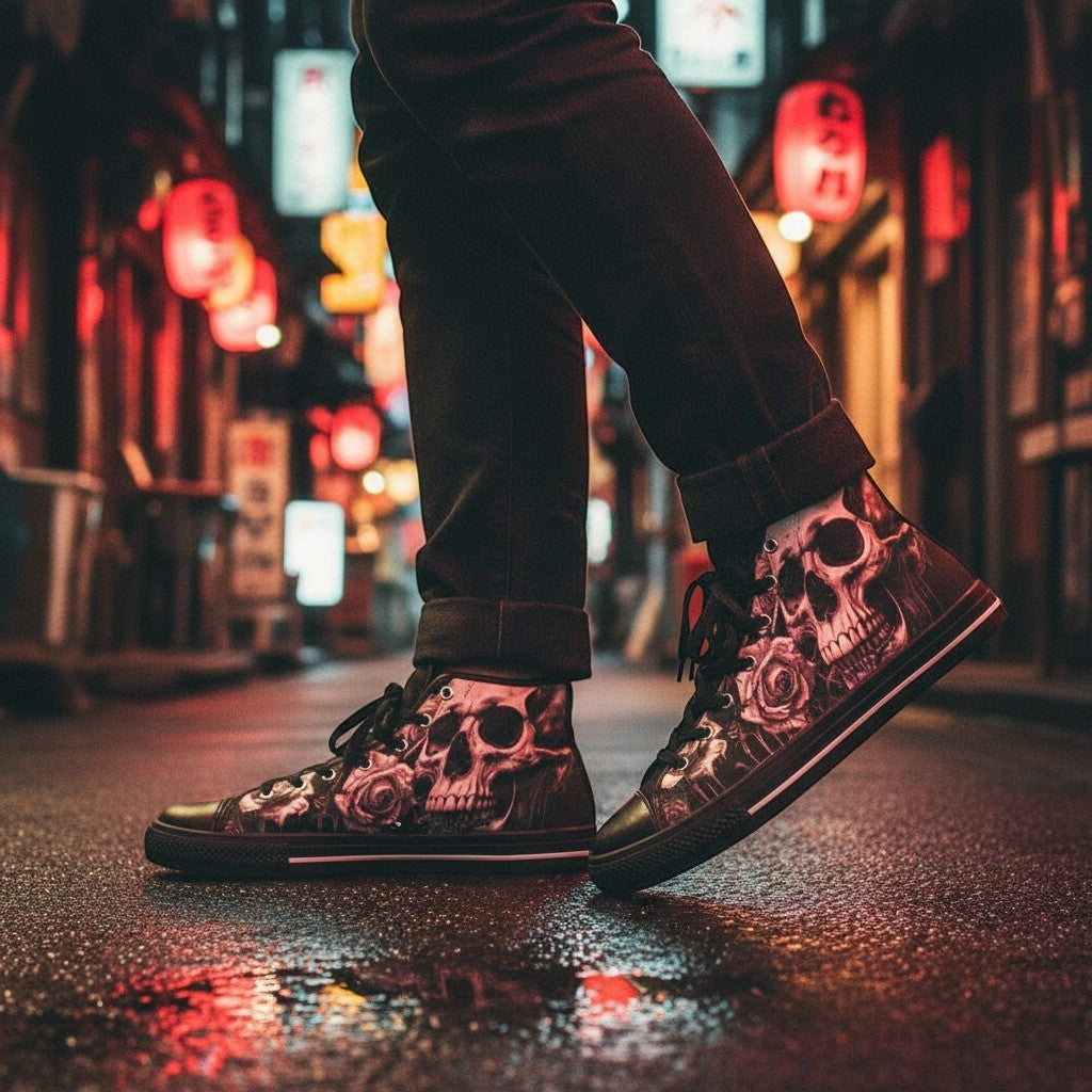 Freaky Shoes® high-top canvas sneakers featuring a dark gothic skull and rose art print on a wet city street.