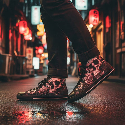 Freaky Shoes® high-top canvas sneakers featuring a dark gothic skull and rose art print on a wet city street.