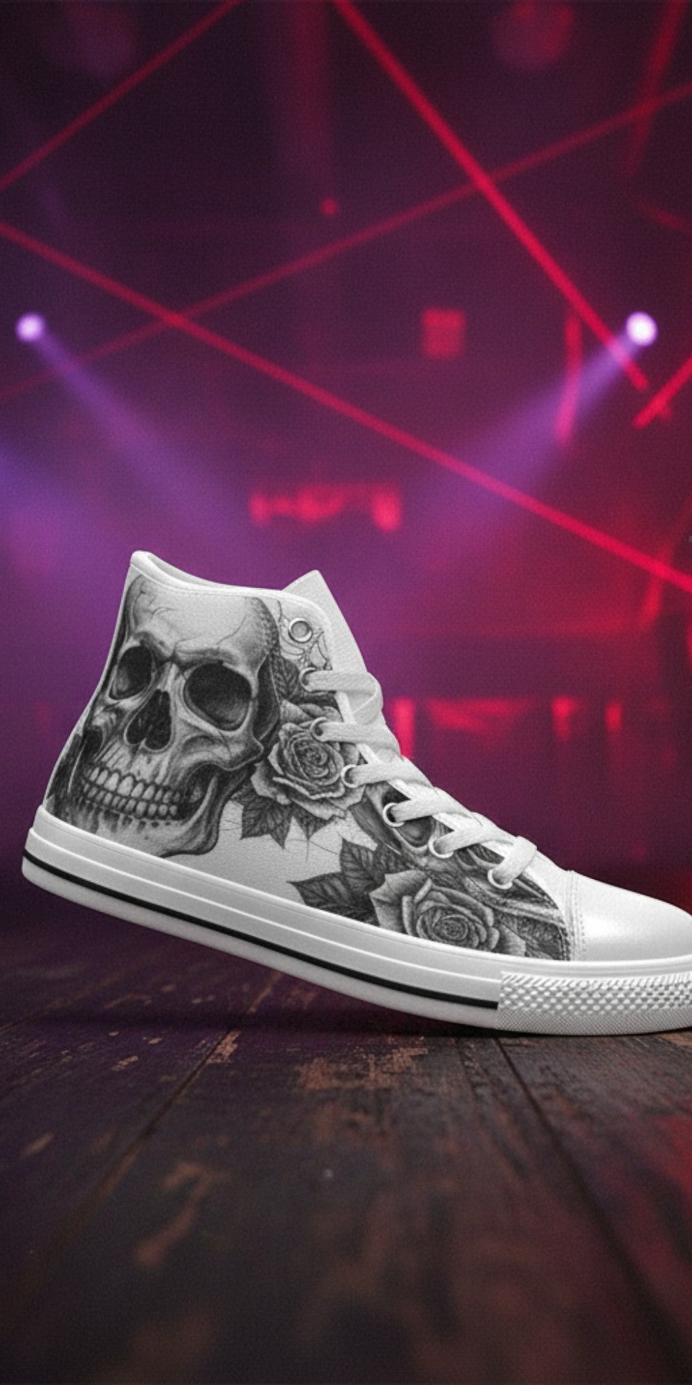 Women's Grey Dark Art Skull Goth high-top canvas shoes — one-of-a-kind custom printed art, Freaky Shoes