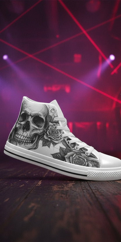 Women's Grey Dark Art Skull Goth high-top canvas shoes — one-of-a-kind custom printed art, Freaky Shoes