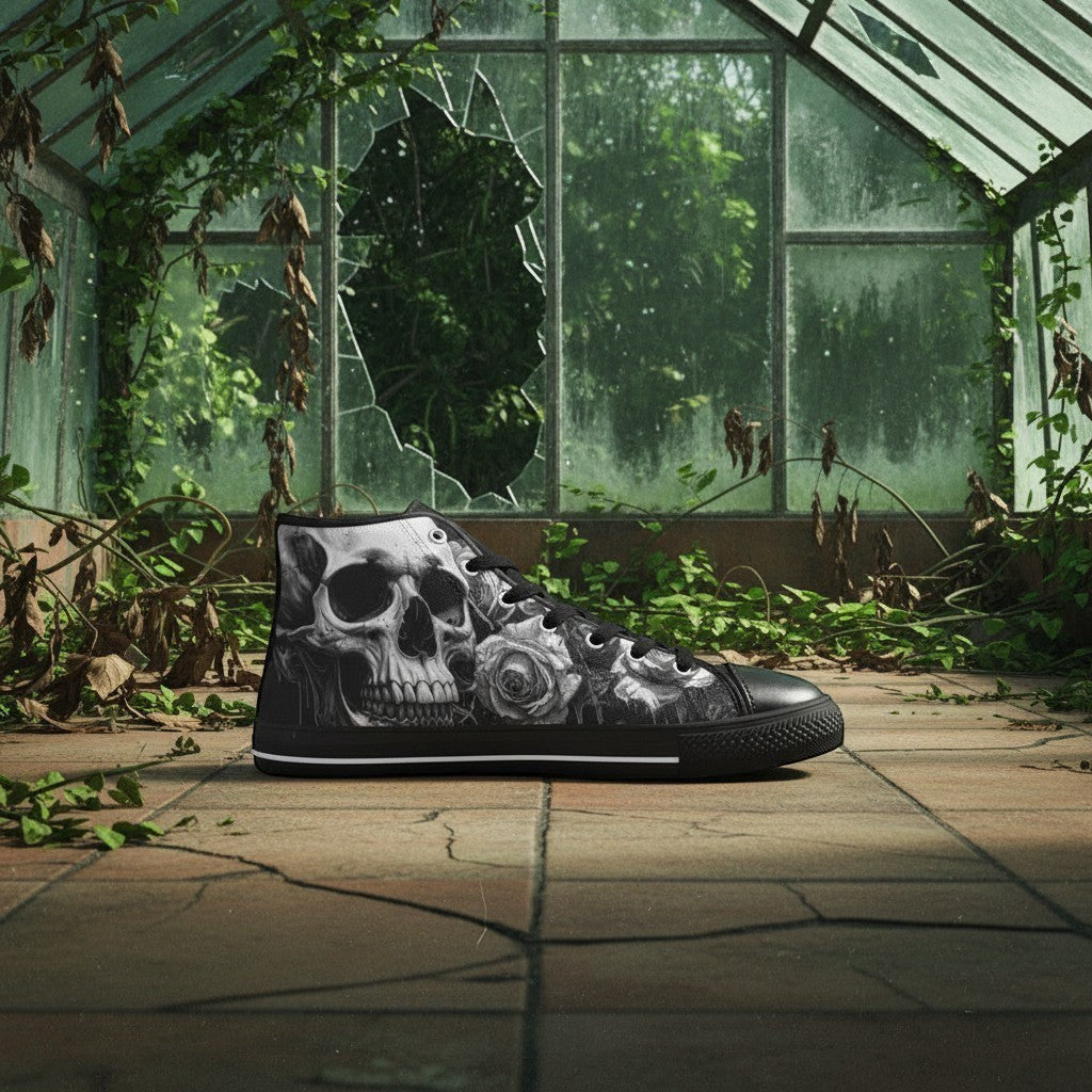 Custom Women's Skull Goth Dark Art high-top canvas shoes with bold all-over art — Freaky Shoes