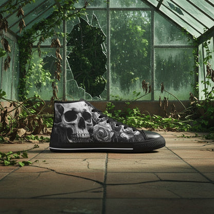 Custom Women's Skull Goth Dark Art high-top canvas shoes with bold all-over art — Freaky Shoes