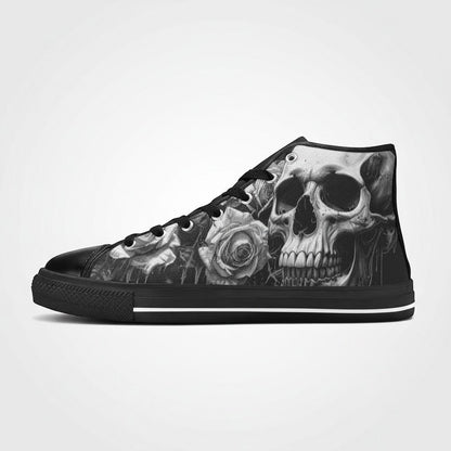 Freaky Shoes® women's black and white high-top canvas sneakers featuring a detailed skull and rose gothic art print.