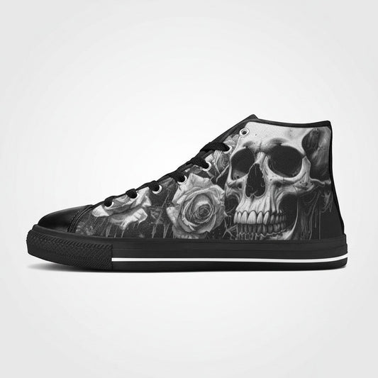 Freaky Shoes® women's black and white high-top canvas sneakers featuring a detailed skull and rose gothic art print.