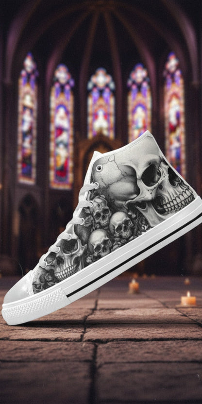 Custom Women's Dark Skull Gothic Art high-top canvas shoes with bold all-over art — Freaky Shoes