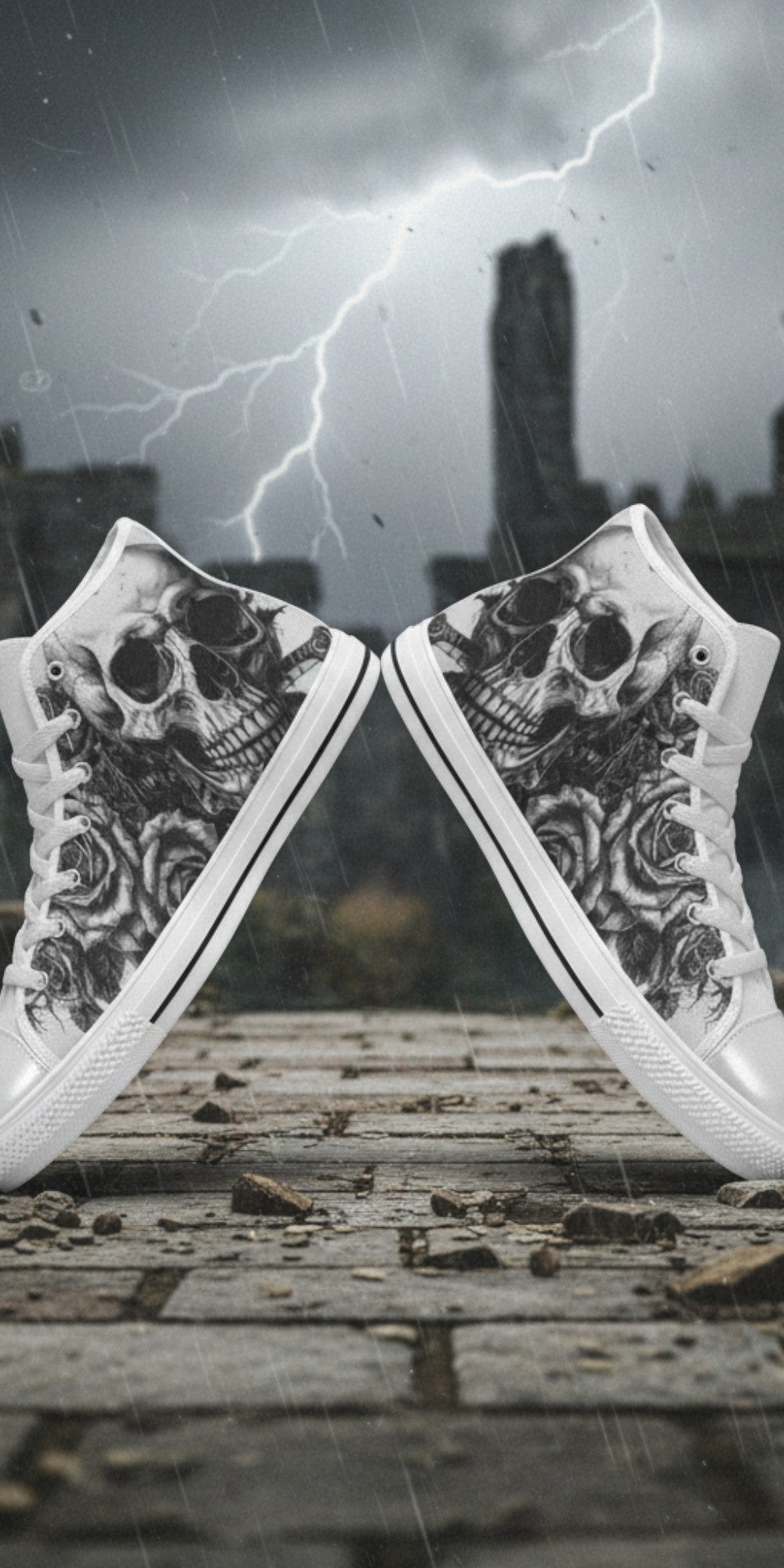 Men's Skull Dark Gothic Art hand-made high-top canvas shoes — unique wearable art by Freaky Shoes