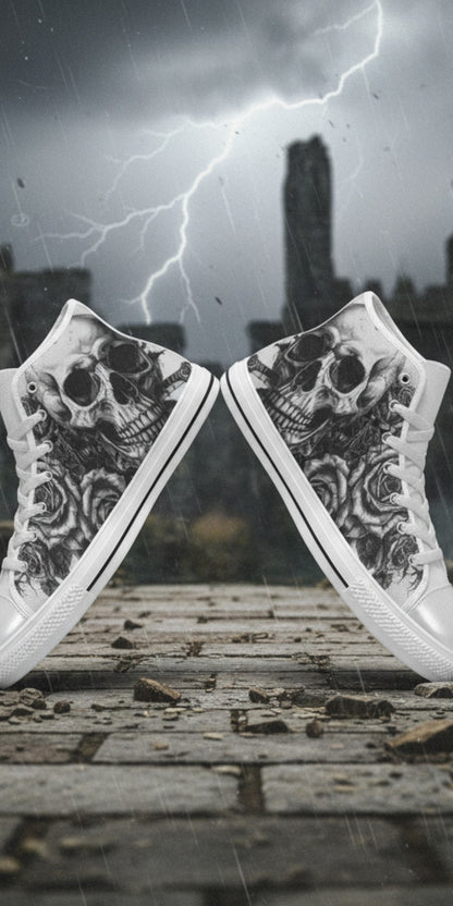 Men's Skull Dark Gothic Art hand-made high-top canvas shoes — unique wearable art by Freaky Shoes