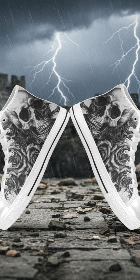 Men's Skull Dark Gothic Art custom high-top canvas shoes — wearable art by Freaky Shoes