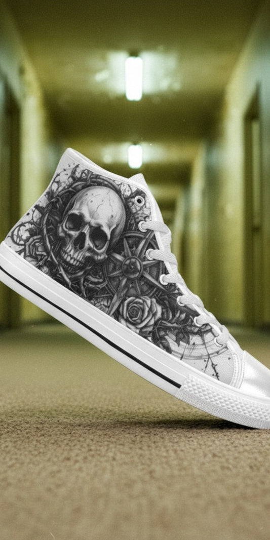 Freaky Shoes® high top canvas sneakers featuring a detailed black and white skull and rose gothic art design.
