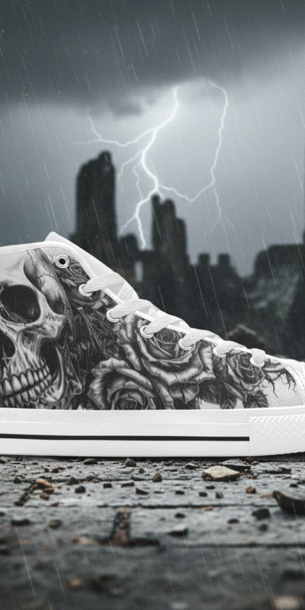 Men's Skull Dark Gothic Art high-top canvas shoes, custom full-wrap printed design — Freaky Shoes