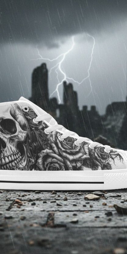 Men's Skull Dark Gothic Art high-top canvas shoes, custom full-wrap printed design — Freaky Shoes