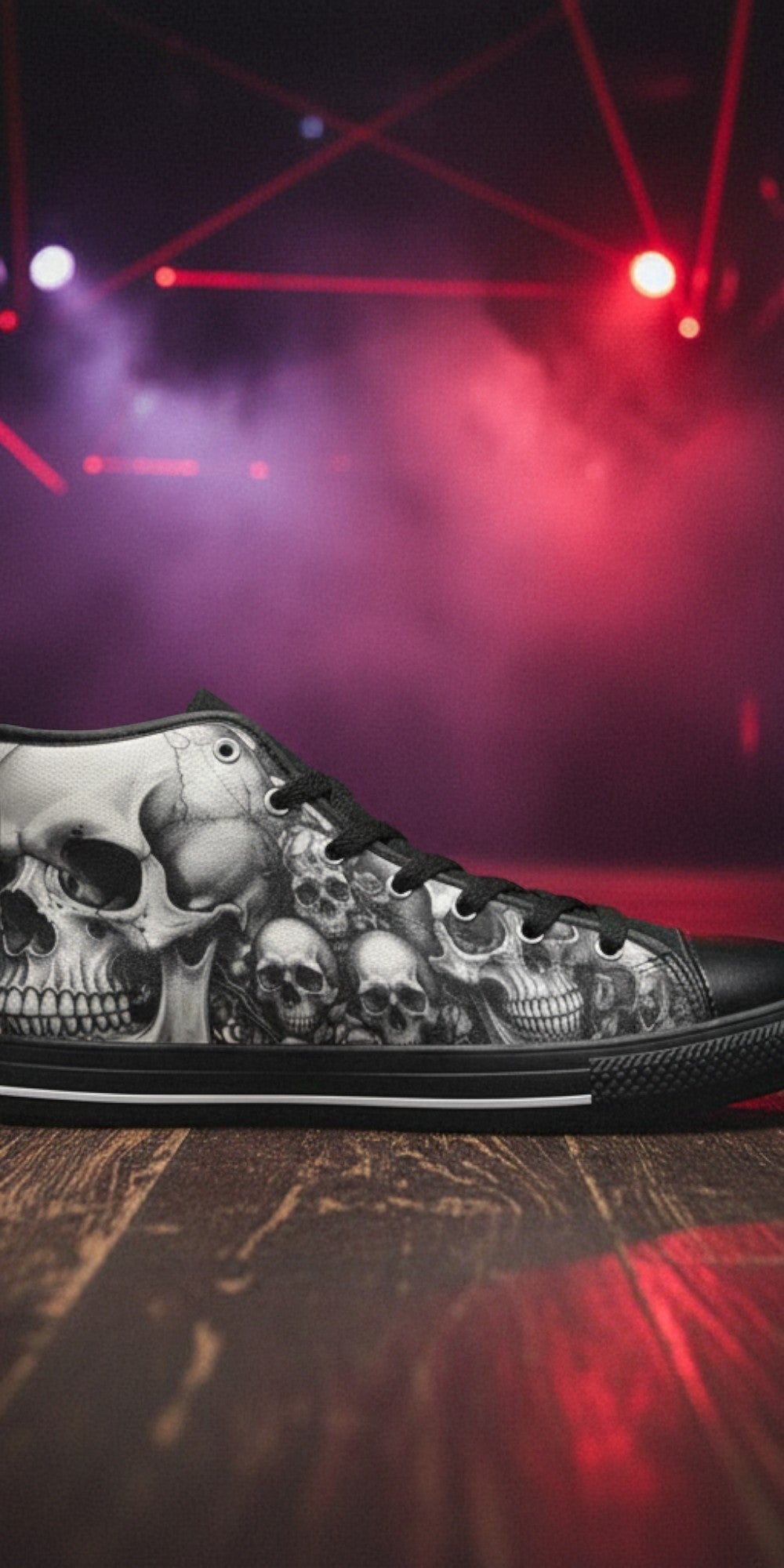 Women's Grey Skull & Moon Dark Gothic hand-made high-top canvas shoes — unique wearable art by Freaky Shoes