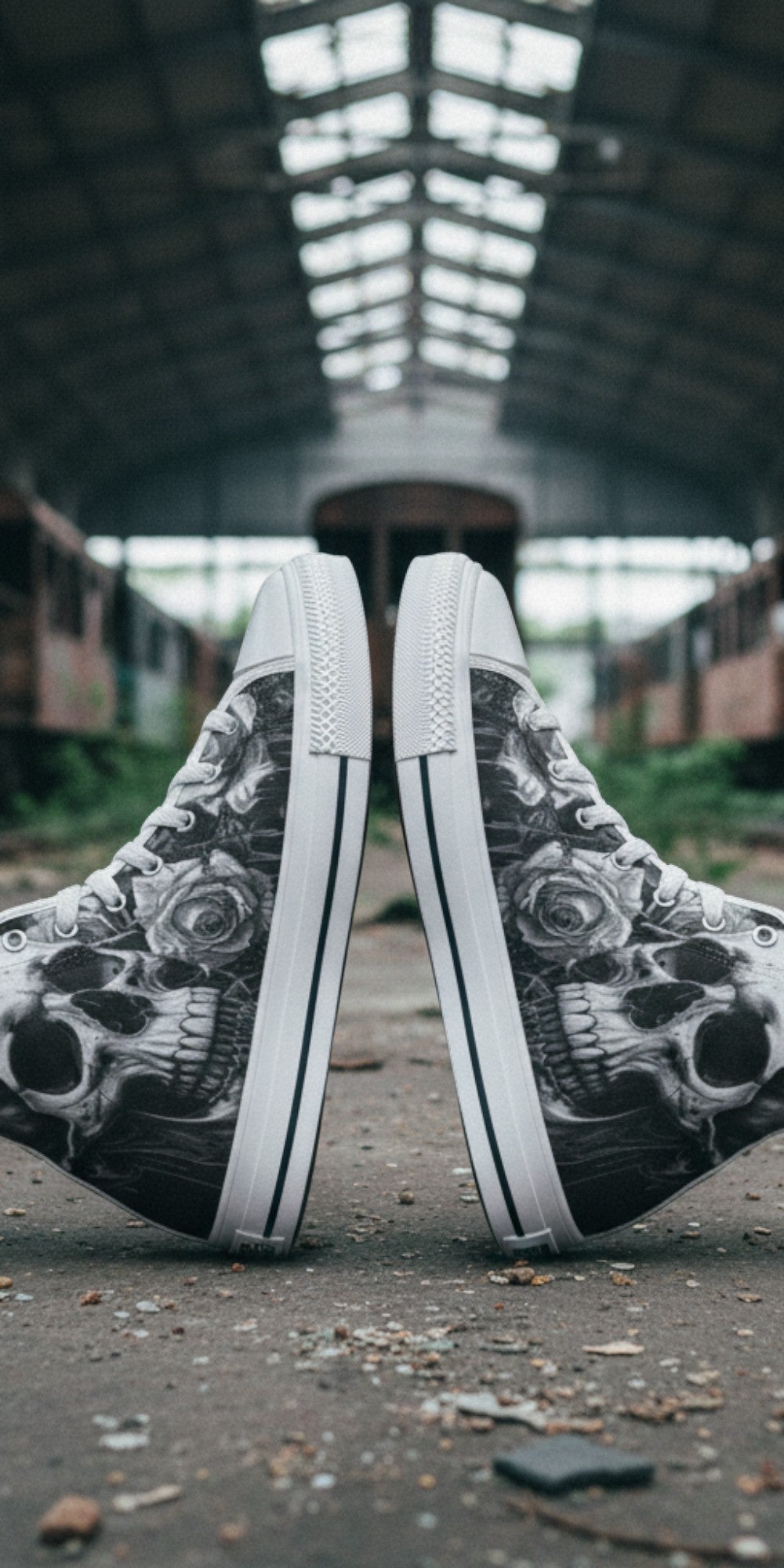 Custom Men's Greyscale Skull Art Dark Gothic high-top canvas shoes with bold all-over art — Freaky Shoes