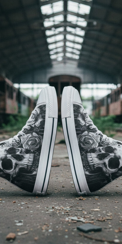 Custom Men's Greyscale Skull Art Dark Gothic high-top canvas shoes with bold all-over art — Freaky Shoes