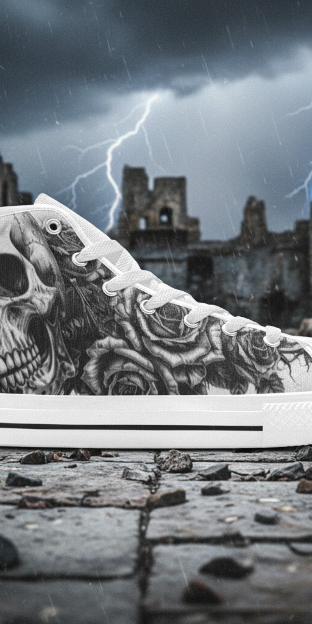 Men's Skull Dark Gothic Art high-top canvas shoes, custom full-wrap printed design — Freaky Shoes