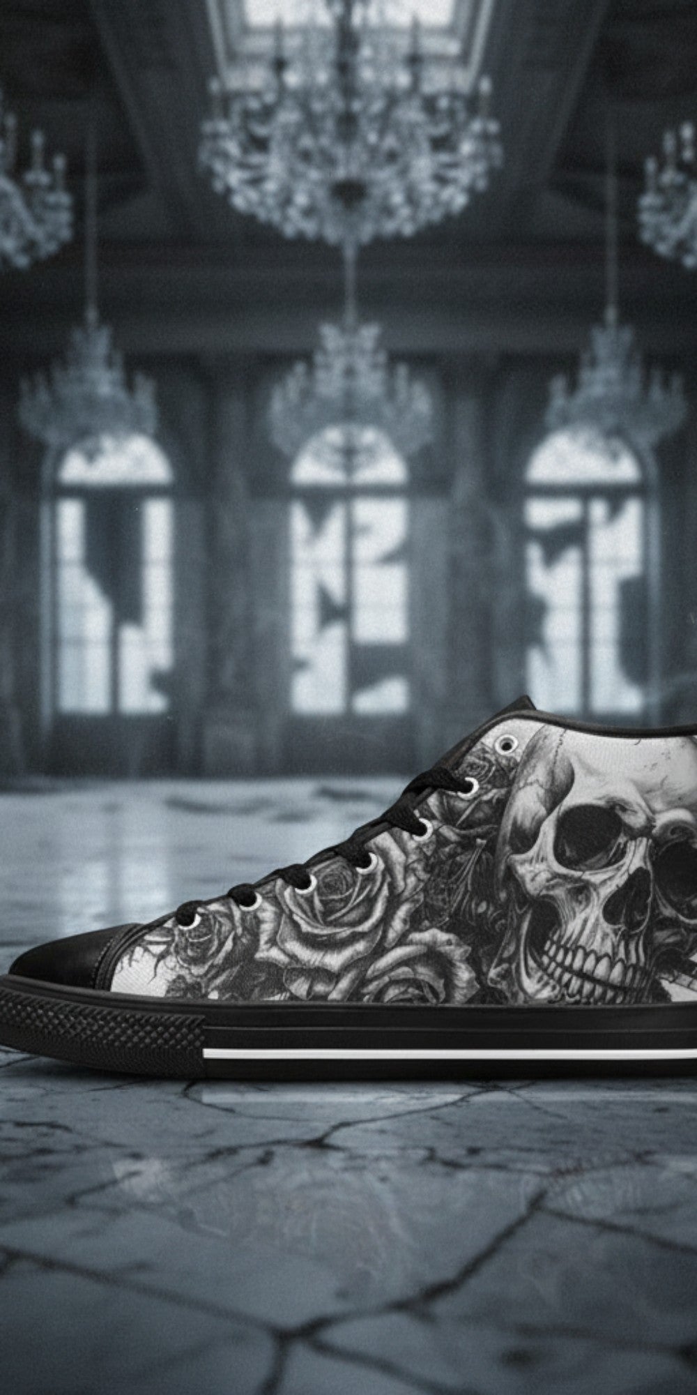 Women's Dark Skull Art Gothic high-top canvas shoes, custom full-wrap printed design — Freaky Shoes