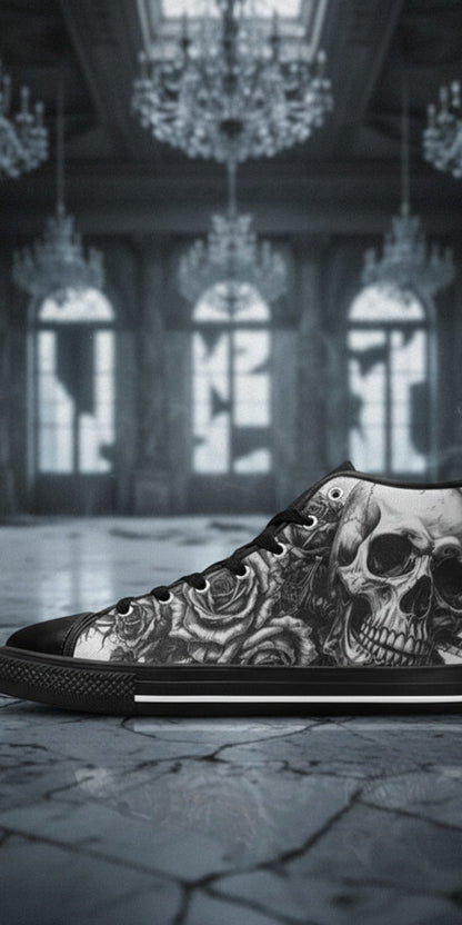 Women's Dark Skull Art Gothic high-top canvas shoes, custom full-wrap printed design — Freaky Shoes