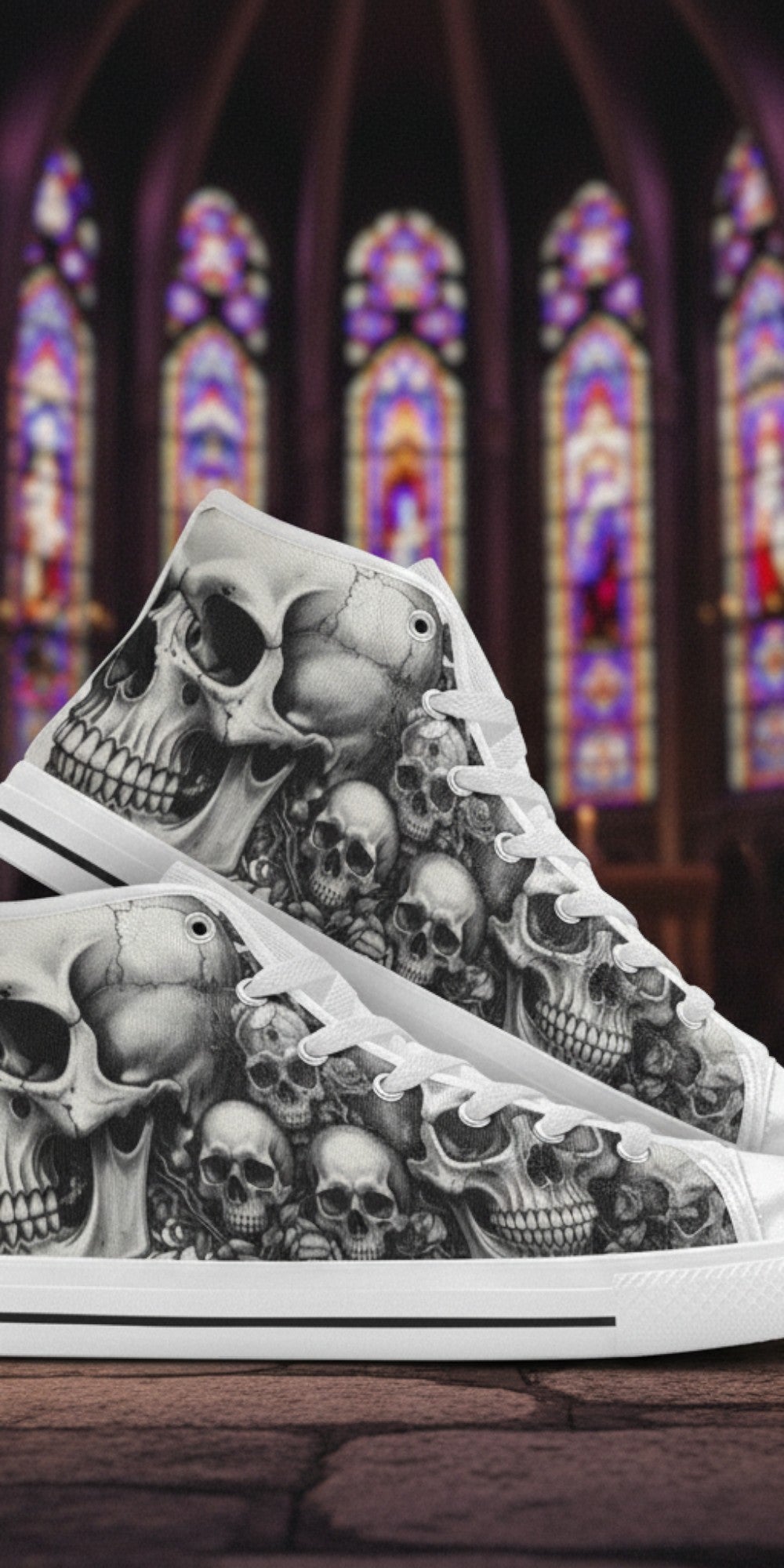 Women's Dark Skull Gothic Art custom high-top canvas shoes — wearable art by Freaky Shoes