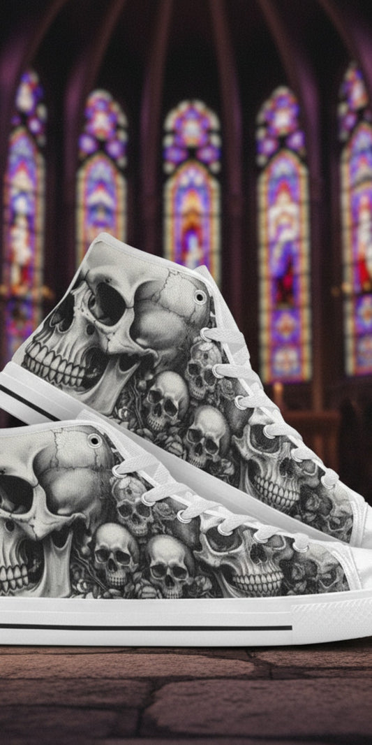 Freaky Shoes® high top canvas sneakers featuring a detailed black and white skull art print in a gothic church.
