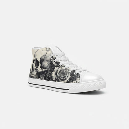 Freaky Shoes® men's high-top canvas sneakers featuring a black and white gothic skull and rose art print