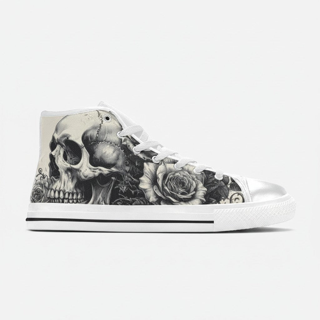 Freaky Shoes® men's high-top canvas sneakers featuring a black and white gothic skull and rose art print