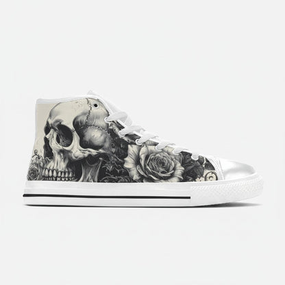 Freaky Shoes® men's high-top canvas sneakers featuring a black and white gothic skull and rose art print