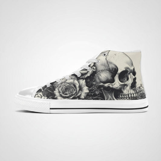 Freaky Shoes® men's high-top canvas sneakers featuring a black and white gothic skull and rose art print