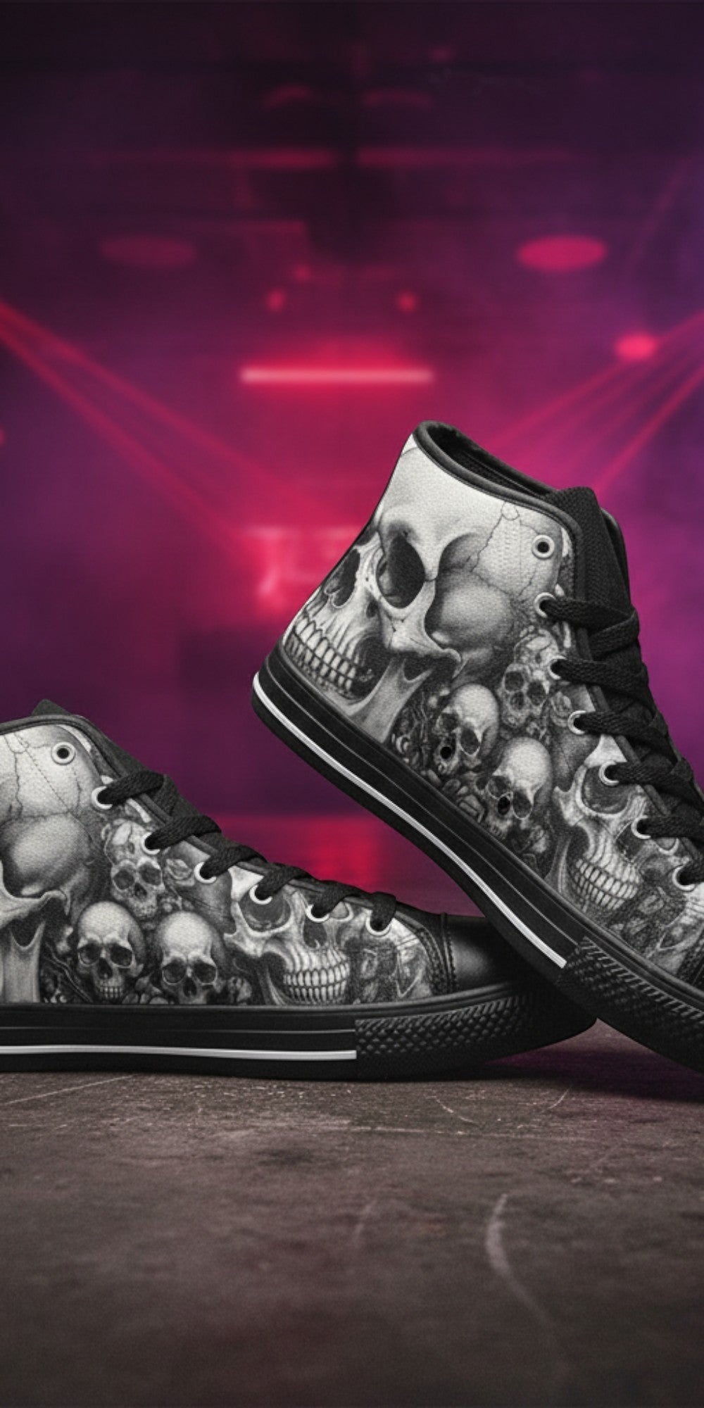 Custom Women's Grey Skull & Moon Dark Gothic high-top canvas shoes with bold all-over art — Freaky Shoes